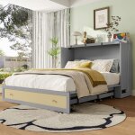Lit escamotable gris 140�200 cm avec rangement usb + prise t�te de lit �tag�re structure solide