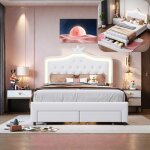 Lit de fille 140x200 cm - ravas - avec �clairage led - 2 tiroirs - blanc - pu