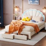 Lit fille 140x200 cm avec t�te de lit p�tale rembourr�e et led sommier � lattes et 2 tiroirs de rangement. ...