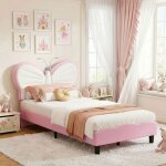 Lit fille 90x190 cm lit enfant avec lecture led lit simple avec sommier forme de papillon lit rembourr� ...