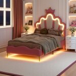 Lit fille 90x200 cm lit enfant capitonn� avec led lit simple princesse avec sommier � lattes t�te de ...