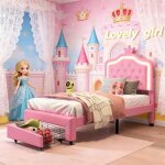 Lit fille led 90x200 cm forme de couronne avec led et t�te de lit r�glable lit enfant avec 1 tiroir pu ...