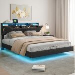 Lit flottant 140x200 cm avec sommier led et usb lit avec rangement et tete de r�glable lit rembourr� ...