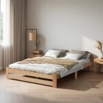 Lit futon en bois massif lit naturel en bois massif avec tête de lit et sommier à lattes naturel (200x140cm) ... Lit futon en bois massif lit naturel en bois massif avec tête de lit et sommier à lattes naturel (200x140cm) ...
