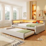 Lit gigogne 140 * 200 cm canap� convertible avec lumi�re led interface usb c sommier � lattes matelas ...