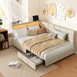 Lit gigogne 140x190 avec 2 tiroir - t�te de lit led 16 couleurs - 2prise et ports usb / type - c - adulte ...