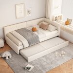 Lit gigogne 2 en 1 - merax - lit 90x200 beige - velours & mdf - sommier inclus - gain de place