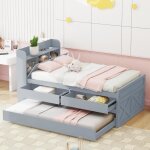 Lit gigogne - gris - 90 x 190 cm - bibliothque de rangement - chargement usb - 2 tiroirs
