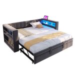 Lit gigogne 90x190 cm avec bureau escamotable prise �lectrique led et tiroir de rangement - gris fonc� ...