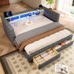 Lit gigogne 90x190 cm - lit avec rangement canap� - lit multifonction en velours - led int�gr�e et ports ...