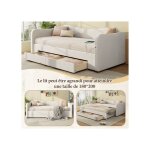Lit gigogne 90x200 ausziehbar 180 - 2 tiroirs + usb type c + t�te ergonomique - velours beige