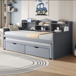 Lit gigogne 90x200 cm avec lit enfant 90x190 cm tiroirs et grand rangement port usb bois gris multifonction ...