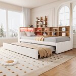 Lit gigogne 90x200 cm avec lit escamotable 90x190 cm led prises usb espaces de rangement flanelle beige ...