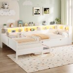 Lit gigogne 90x200 cm - lit en l avec led r�glable et rangement sans matelas en mdf blanc