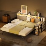 Lit gigogne 90x200 cm en m�tal noir avec tiroirs rangement led et usb canap� - lit extensible sans matelas ...