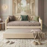 Lit gigogne 90x200cm - banquette lit capitonn�e - lit dappoint coulissant - tissu de lin beige