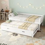 Lit gigogne 90x200cm - lit enfant 90x200cm sommier � lattes bois blanc 2 tiroirs mdf � roulettes