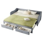 Lit gigogne 90x200cm - lin - gris - 2 tiroirs - sommier � lattes - 2 en 1