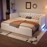 Lit gigogne 90x200cm - redom - avec led multicolores et rembourrage - beige