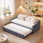 Lit gigogne extensible 90 / 180x200 - canap� lit 2 places avec sommier � lattes en bois - lit banquette ...