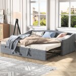 Canap� - lit - luminarix - lit gigogne - 90 / 180x200 cm - velours - gris - 2 places