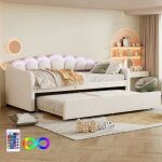 Lit gigogne - velours - 90x200 cm - télécommande led - beige - 2 places Lit gigogne - velours - 90x200 cm - télécommande led - beige - 2 places