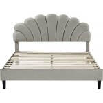 Lit coquillage en velours manon - 160 x 200 cm - gris