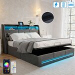 Lit hydraulique 140x190 cm - avec led et usb tpye c - lit coffre avec rangement et tete de lit - sommier ...