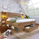 Lit industriel 180x200 avec sommier et led et usb lit double avec t�te de lit et tiroirs cadre de en ...