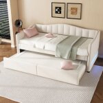 Lit de jour 90 x 200 cm convertible en lit gigogne - canap� - lit beige en lin avec led sans matelas