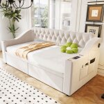 Lit de jour 90x190 cm en velours beige avec usb accoudoirs rangement et tiroirs lit d?appoint moderne ...