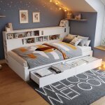 Lit de jour - langtu - lit enfant 140 x 190 cm - double tiroir - portes coulissantes & �tag�res r�glables ...