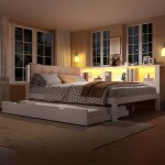 Lit de jour extensible avec �tag�res - 140x200 cm - blanc - bois de pin - lit gigogne 90x190 cm - bande ...