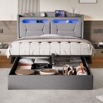 Lit led 140x190 avec rangement et usb ? cadre de lit deux places avec sommier ? lin ? lit coffre rembourr� ...