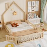 Lit de maison 140 x 190 cm lit denfant avec forme de chemin�e lit avec grille � lait (sans matelas) bois ...