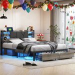 Lit en m�tal 140x200cm avec sommier et led2 tiroirs et usb & type - cespace de rangement en t�te de littissu ...