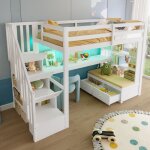 Lit mezzanine 1 place 90x200 en bois avec bureau et �tag�res lit enfant avec escalier de rangement et ...