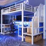 Lit mezzanine 1 place avec led et usblit enfant 90x200 avec �chelle de rangement et bureaustructure en ...