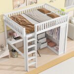 Lit mezzanine 140 x 200 cm avec bureau armoire 3 tiroirs rangements ouverts rambarde et escalier blanc ...