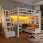 Lit mezzanine 140 x 200 cm avec bureau �tag�res et escalier de rangement avec �clairage led 2 tiroirs ...