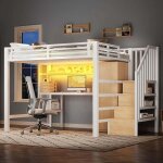 Lit mezzanine - 140 x 200 cm - bureau int�gr� - armoire avec tringle - escalier de rangement + led