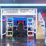 Lit mezzanine 140 x 200 cm cadre en fer compartiment de rangement �chelle avec rangement bureaublanc