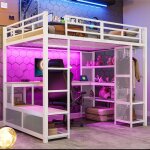 Lit mezzanine 140 x 200 cm avec espace de rangement en m�tal avec armoire ouverte port usb et �clairage ...
