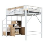 Lit mezzanine 140 x 200cm lit adulte avec rangements int�gr�s et placard m�tal et bois blanc