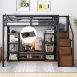 Lit mezzanine 140x200 2 places avec usb et meuble tv lit enfant en m�tal avec �chelle de rangement barri�re ...