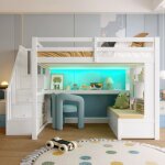 Lit mezzanine 140x200 blanc avec bureau �tag�res 2 tiroirs int�gr�s escalier rangement gain place chambre ...