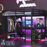 Lit mezzanine 140x200 avec bureau led usb et prise lit gaming 2 places m�tal avec rangement penderie ...