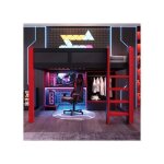 Lit mezzanine 140x200 cm avec bureau et armoire - avec �clairage led rgb - en bois - noir et rouge - ...