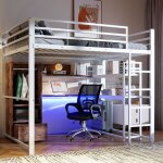 Lit mezzanine 140x200 cm lit double en m�tal avec �clairage led tiroir �tag�res de rangement bureau int�gr� ...