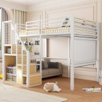 Lit mezzanine 140x200 cm avec �chelle de s�curit� lit enfant cadre de lit adulte avec rangement lit 2 ...